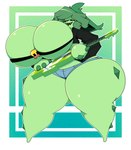 2023 absurd_res anthro big_breasts big_butt black_sclera bone bottomwear breasts butt cacturne cleavage clothed clothing dewbber digital_media_(artwork) female generation_3_pokemon goo-connected_lips green_body green_hair guitar hair hi_res huge_breasts huge_butt huge_thighs hyper hyper_breasts hyper_butt hyper_thighs looking_at_viewer musical_instrument nintendo olivia_(rubyqm) plucked_string_instrument pokemon pokemon_(species) shirt shorts skull smile solo spiked_body standing string_instrument thick_thighs topwear yellow_eyes