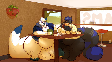 anthro balls belly belly_tuft big_balls big_belly big_butt big_penis big_tail bottomless butt clothed clothing dessert doughnut duo eating feet fluffy fluffy_tail food front_view furniture genitals holding_food holding_object huge_balls huge_penis hyper hyper_balls hyper_genitalia hyper_penis jacket looking_at_another male male/male open_clothing open_jacket open_topwear overweight overweight_male pastry penis restaurant stool sweater table tail text thick_thighs topwear tuft whiskers wide_hips joebluefox ambiguous_species english_text