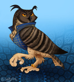 4_toes anisodactyl anthro avian_feet beak bottomless brown_body brown_feathers chest_tuft claws clothed clothed_anthro clothing digit_ring eyebrows feather_markings feathered_wings feathers feet feral fluffy fluffy_chest fluffy_legs gold_(metal) gold_jewelry jewelry lidded_eyes male markings mole_(marking) mole_under_eye multicolored_body multicolored_feathers neck_tuft one_leg_up orange_eyes orange_sclera partially_clothed raised_leg ring semi-anthro simple_background solo standing stripes tail tail_feathers talons tan_body toe_claws toes topwear topwear_only tuft vest wedding_ring wings sallylla enoch_willowperch avian bird eurasian_eagle-owl horned_owl owl true_owl 2026 digital_drawing_(artwork) digital_media_(artwork) full-length_portrait hi_res portrait story story_in_description