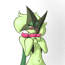 anthro anthrofied belly biped blush breast_curtains breasts cape clothing eyebrows eyelashes female female_anthro fur green_body green_fur green_hair green_mask hair index_to_index mask medium_breasts mouth_closed navel pink_eyes pokemorph shy simple_background solo standing text white_background additionalespeon333 nintendo pokemon felid feline generation_9_pokemon mammal meowscarada pokemon_(species) 1:1 2026 absurd_res artist_name colored digital_drawing_(artwork) digital_media_(artwork) hi_res shaded