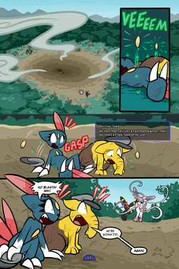 4_panel_comic accessory ambiguous_gender anthro biped black_body black_nose black_text blue_eyes bow_ribbon brown_body chest_gem claws clothing crater day dialogue dot_pupils exclamation_point eyebrows eyewear feral finger_claws forehead_gem forest fur gem getting_up green_text group hat headgear headwear looking_at_another lying markings motion_lines on_back open_mouth outside page_number pink_body pink_fur pink_tail plant pupils red_eyes red_tail red_text reviver_seed seed sharp_teeth sky sound_effects speech_bubble sunglasses tail teeth text toe_claws tongue toony tree white_body white_pupils white_sclera wounded yellow_body yellow_gem yellow_markings virmir nintendo pokemon pokemon_mystery_dungeon spike_chunsoft drowzee eeveelution generation_1_pokemon generation_2_pokemon generation_6_pokemon pokemon_(species) sneasel sylveon umbreon 2025 2:3 absurd_res comic english_text hi_res signature