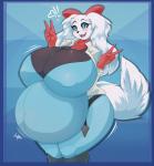 2019 5_fingers abdominal_bulge absurd_res accessory anthro asaneman belly big_belly big_breasts bird_dog blue_eyes blush bodily_noises bow_(feature) bow_accessory bow_ribbon breasts canid canine canis centered_hair_bow clothed clothing cocker_spaniel curvy_figure digital_media_(artwork) domestic_dog emphatic_heart exclamation_point extended_sound_effect eyelashes fay_(star_fox) female fingers fluffy fluffy_tail fur gesture gloves hair_accessory hair_bow hair_ribbon hand_gesture handwear heart_reaction heart_symbol hi_res huge_breasts hunting_dog looking_at_viewer mammal navel nintendo nipple_outline open_mouth outline_heart ribbons rumbling rumbling_stomach solo sound_effect_variant sound_effects spaniel star_fox tail teeth tight_clothing v_sign voluptuous vowelless vowelless_sound_effect white_body white_fur wide_hips