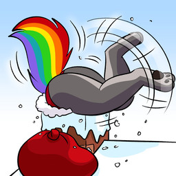 anthro big_butt bottomwear butt clothed clothing costume female fur grey_body grey_fur hair multicolored_hair multicolored_tail panties pawpads rainbow_tail santa_costume slightly_chubby snow solo stuck stuck_in_chimney tail underwear cartoonwolf 9_to_9 ammy_(9_to_9) canid canine canis mammal wolf 1:1 2025 colored digital_drawing_(artwork) digital_media_(artwork) shaded
