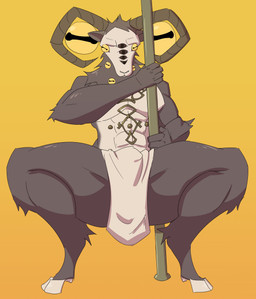 abs anthro bottomwear brown_body brown_fur clothed clothing cloven_hooves crouching dancing dewclaw_hooves fur hand_on_pole holding_pole hooves horizontal_pupils horn loincloth loincloth_only male multi_eye pecs piercing pole pole_dancing pupils simple_background solo topless unusual_anatomy yellow_background yellow_eyes itsskyblu elden_ring elden_ring_nightreign fromsoftware libra_creature_of_night bovid caprine caprine_demon demon goat goat_demon mammal 2025 absurd_res hi_res