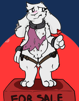 anthro auction blush bodily_fluids bottomless bound clothed clothing collar crying ear_piercing ear_tag female for_sale genitals multi_nipple nipples notched_ear piercing slave slave_auction solo tears torn_clothing vulva trout_(artist) cave_story kaede_(explosivecrate) lagomorph mammal mimiga alpha_channel hi_res