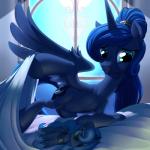 1:1 2015 2016 absurd_res bed blue_body blue_eyes blue_feathers blue_fur crown cutie_mark day digital_media_(artwork) doll equid equine feathered_wings feathers female feral friendship_is_magic fur furniture hair hasbro headgear hi_res hooves horn inside long_hair mammal my_little_pony mythological_creature mythological_equine mythology navel nipples nude on_bed plushie ponytail princess_luna_(mlp) sky smile solo spots stoic5 sun teats window winged_unicorn wings