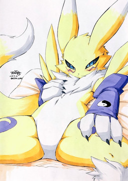 anthro bed black_sclera blue_eyes claws featureless_crotch female fur furniture looking_at_viewer lying mostly_nude null presenting_crotch simple_background solo tuft white_background white_body white_fur yellow_body yellow_fur akabane_jin bandai_namco digimon canid canine digimon_(species) mammal renamon hi_res signature