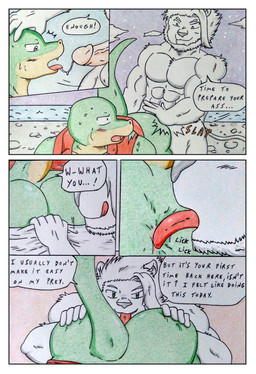 anal anthro anus balls barazoku biceps blush blush_lines bodily_fluids bottomwear bottomwear_down bottomwear_pull butt butt_grab butt_slap clothed clothing clothing_pull comic_panel dialogue dominant duo forced fur genitals green_body green_butt green_eyes hair hand_on_butt licking licking_lips licking_own_lips male male/male manly muscular muscular_anthro muscular_male night nude nude_anthro nude_male onomatopoeia oral outside pants pants_pull pecs purple_eyes red_clothing rimming rimming_male saliva saliva_on_tongue saliva_string sea self_lick sex slap sound_effects speech_bubble tail text thick_tail tongue tongue_out water white_body white_fur dashthefox albino_(seaborn) nikel felid lion lizard mammal pantherine reptile scalie absurd_res colored_pencil_(artwork) comic english_text hi_res traditional_media_(artwork)