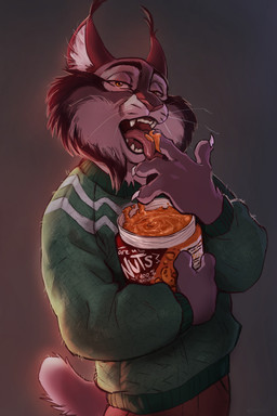 anthro bottomwear clothed clothing container finger_fetish finger_lick finger_play fingers food fur grey_body grey_fur half-closed_eyes holding_container holding_food holding_object licking licking_food looking_at_viewer male narrowed_eyes open_mouth pants peanut_butter simple_background solo standing sweater teeth text tongue tongue_out topwear captainskee disney zootopia pawbert_lynxley canada_lynx felid feline lynx mammal digital_media_(artwork) english_text hi_res