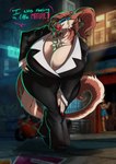 anthro big_breasts black_clothing black_suit breast_tuft breasts cleavage clothed clothing colored_nails cosplay detailed_background ear_piercing ear_ring female hair huge_breasts lipstick looking_at_viewer makeup nails piercing ponytail red_lipstick ring ring_piercing solo speech_bubble suit talking_to_viewer djpuppeh mature_(kof) venus_(djpuppeh) sergal hi_res