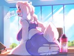 anthro anus athletic_wear blush bodily_fluids breasts butt clothing female female_anthro fur genitals horn looking_back pussy red_eyes sitting solo sweat text torn_clothing white_body white_fur vallshad undertale_(series) toriel bovid caprine goat mammal hi_res