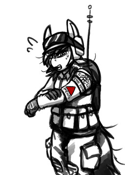 anthro armor backpack female simple_background solo white_background replica_(artist) hasbro my_little_pony fan_character replica_(oc) earth_pony equid equine horse mammal pony restricted_palette story story_in_description
