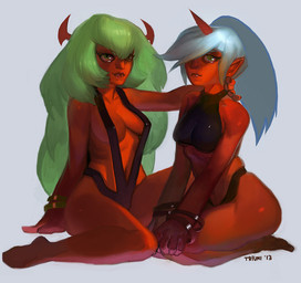 blue_hair bracelet breasts clothed clothing duo feet female green_eyes green_hair hair horn jewelry looking_at_viewer red_body red_skin simple_background smile teeth text toes triuni panty_and_stocking_with_garterbelt kneesocks_daemon scanty_daemon demon demon_humanoid horned_humanoid humanoid 2013 digital_media_(artwork)