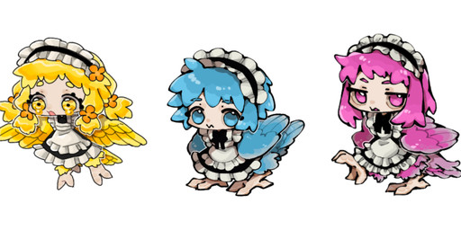 avian_feet blonde_hair blue_body blue_eyes blue_feathers blue_hair blue_wings bodily_fluids clothed clothing crying feathered_wings feathers female group hair light_body light_skin maid_headdress maid_uniform pink_body pink_eyes pink_feathers pink_hair pink_wings simple_background tail tail_feathers tears trio uniform white_background wings yellow_body yellow_eyes yellow_feathers yellow_wings i7go34 european_mythology greek_mythology mythology animal_humanoid avian humanoid mythological_avian mythological_creature