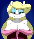 :3 anthro bathrobe bedroom_eyes big_breasts blonde_hair blue_background blue_eyes breast_focus breasts cleavage cleavage_overflow clothed clothing eyelashes female fur hair half-closed_eyes huge_breasts looking_at_viewer narrowed_eyes robe seductive simple_background solo white_body white_fur gblastman animaniacs warner_brothers minerva_mink mammal mink mustelid musteline true_musteline 2017 hi_res