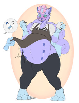 anthro apron apron_lift belly belly_expansion big_belly big_bulge blush bodily_fluids bulge clothed clothing clothing_lift expansion fur green_eyes huge_belly hyper hyper_belly hyper_pregnancy lactating male multi_nipple nipples pregnant pregnant_anthro pregnant_male purple_body purple_fur raised_clothing solo waiter narusewolf nintendo pokemon alolan_form alolan_vulpix canid canine fox generation_1_pokemon generation_7_pokemon mammal pokemon_(species) regional_form_(pokemon) vulpix hi_res