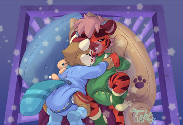 4_fingers ambiguous_gender anthro bedding big_diaper blanket blue_clothing blue_footwear blue_onesie blue_pillow blue_socks blue_tail brown_body brown_fur buckteeth button_(fastener) clothed clothing crib cuddling cuddling_plushie diaper diaper_peekage diaper_under_clothing diaper_under_onesie duo eyebrows eyes_closed feces fingerless_(marking) fingers footwear fur green_clothing green_footwear green_onesie green_socks hair high-angle_view holding_object holding_plushie lying markings multicolored_body multicolored_fur on_back on_front on_pillow onesie open_mouth orange_body orange_fur orange_tail pillow pink_body pink_fur pink_hair pink_inner_ear pink_nose plushie plushie_tag purple_background purple_blanket red_body red_ears red_eyebrows red_fur red_hair red_spots red_stripes red_tail simple_background sleeping sleeping_together snapsuit socks soiled_diaper sparkles spots spotted_body spotted_face spotted_fur striped_markings striped_tail stripes tail tail_markings tan_body tan_ears tan_fur teeth thick_eyebrows two_tone_tail unclean_diaper used_diaper wearing_diaper white_diaper young young_anthro toby_tiger kvikk_(littlekvikk) toby_(toby_tiger) beaver felid mammal pantherine rodent tiger 2023 hi_res signature
