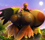 anthro beak big_breasts black_body black_clothing black_feathers blonde_hair blue_beak breasts clothing duo feathers female female_anthro flower hair huge_breasts hyper hyper_breasts nature neck_jewelry nipples non-mammal_nipples orange_body orange_feathers orange_nipples outside plant purple_beak purple_sclera red_body red_feathers sky small_head sun wings yellow_clothing yellow_sclera drakonst avian bird absurd_res hi_res