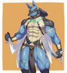 abs bottomwear bracelet chest_spike clothing collar egyptian hand_spike holowear_(pokemon) jewelry loincloth male mostly_nude muscular muscular_male simple_background solo spikes spikes_(anatomy) aaassstaro nintendo pokemon pokemon_unite ruins_style_lucario generation_4_pokemon lucario pokemon_(species) hi_res