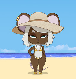 anthro bikini brown_body brown_ears brown_fur chibi clothing countershading ear_piercing eyebrows eyelashes female fur gem gold_bikini green_eyes hair hat headgear headwear jewelry long_tail mouse_tail narrowed_eyes necklace pearl_(gem) pearl_necklace piercing pink_inner_ear pink_tail short_hair solo sun_hat swimwear tail thin_tail two-piece_swimsuit white_body white_countershading white_eyebrows white_fur white_hair wide_hips commonbleat mammal murid murine rat rodent