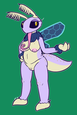 antennae_(anatomy) anthro areola black_sclera breasts eyelashes female fluffy_antennae genitals green_background hand_on_hip looking_at_viewer nipples non-mammal_breasts nude pink_areola pink_tongue pose simple_background solo spots tongue vulva wings yellow_eyes ultilix arthropod insect lepidopteran moth 2020 hi_res