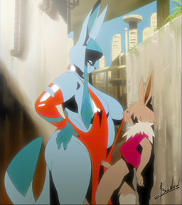 anthro anthro_on_anthro blue_body blue_fur bottomless brown_body brown_fur clothed clothing duo erection female fur genitals huge_thighs humanoid_genitalia humanoid_penis larger_female male male/female open_mouth outside penis size_difference slightly_chubby slightly_chubby_anthro slightly_chubby_female smaller_male smile thick_thighs young young_anthro young_male blulesnsfw nintendo pokemon eevee eeveelution generation_1_pokemon generation_4_pokemon glaceon pokemon_(species) 2026 hi_res