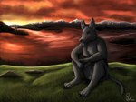 anthro black_body black_fur calm dusk facial_piercing fur grass labret_piercing lake landscape lip_piercing male mountain nude orange_sky piercing plant relaxing sitting sky solo sunset yenocwolf hex hex_(satanic-furry) canid canine canis jackal mammal 4:3 absurd_res digital_media_(artwork) digital_painting_(artwork) hi_res warm_colors