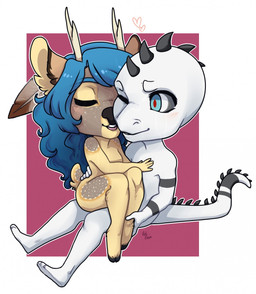 anthro chibi duo eyes_closed female heart_symbol hug male male/female nude open_mouth smile redpixie deer mammal reptile scalie snake hi_res