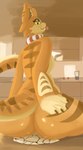 anthro appliance big_butt bread breasts butt butt_grab claws coast_the_toast_(chilliad) collar fangs female food furniture green_eyes hand_on_butt inner_ear_fluff kitchen kitchen_appliance looking_at_viewer paws plate sitting solo table tail teasing teeth tongue tongue_out tuft yellow_sclera chilliad felid feline mammal absurd_res hi_res