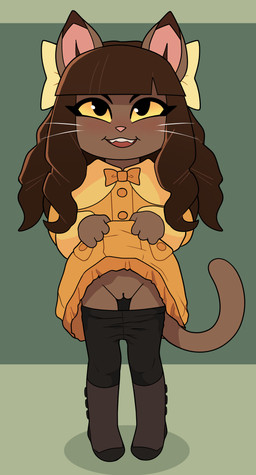 anthro blush boots clothed clothing clothing_lift dress dress_lift female flashing footwear genitals hair leggings legwear long_hair looking_at_viewer partially_clothed presenting presenting_vulva shoes smile solo standing tail vulva whiskers young young_anthro young_female lewdtime lackadaisy ivy_pepper domestic_cat felid feline felis mammal 2026 hi_res