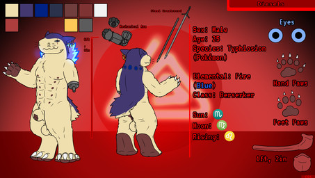 abs animal_genitalia animal_penis anthro balls blue_eyes claws color_swatch ear_piercing ear_ring facial_scar feet front_view genitals greatsword handpaw hindpaw jewelry male mechanical_arm melee_weapon muscular muscular_anthro mustelid_penis nipples paws penis piercing rear_view ring_piercing scar sheath solo sword tapering_penis toe_claws weapon anonymous_artist nintendo pokemon diesels generation_2_pokemon pokemon_(species) typhlosion digital_media_(artwork) hi_res model_sheet