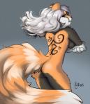 anthro blue_eyes breasts butt female fluffy fluffy_tail grey_hair hair heart_symbol long_hair looking_back nude rear_view side_boob solo tail tattoo xanthippos redd_(areddpanda) ailurid mammal red_panda