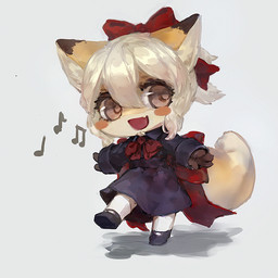 ambiguous_gender anthro chibi clothing dress footwear fur hair legwear looking_aside musical_note musical_symbol on_one_leg open_mouth shoes smile socks solo standing symbol tan_body tan_fur white_hair tamakakego canid canine fox mammal 1:1 2020