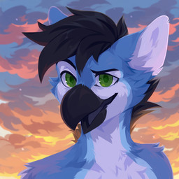 anthro arm_tuft beak black_beak black_eyebrows black_hair blue_body blue_ears cheek_tuft cloud detailed_background eyebrows facial_tuft front_view glistening glistening_eyes green_eyes hair male nude open_mouth outside raised_eyebrow shoulder_tuft sky solo tuft unsigned corzh77 avian 1:1 absurd_res bust_portrait detailed hi_res icon portrait