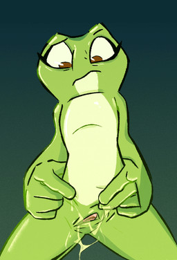 after_transformation animal_genitalia anthro bodily_fluids brown_eyes cloaca cloaca_juice female flat_chested frown genital_fluids genitals green_body looking_down nude on_model solo spread_cloaca spreading fluttershythekind disney the_princess_and_the_frog princess_tiana amphibian frog 2022 hi_res portrait three-quarter_portrait