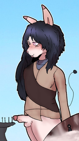 anthro black_hair blush bodily_fluids bottomless clothed clothing cock_vore cum facial_tattoo genital_fluids genitals group hair inside inside_balls internal macro male micro penile penis pink_pupils pupils tattoo tongue tongue_out vore teruni-inamor adaya