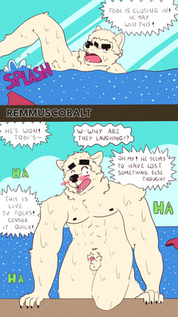 abs accident accidental_exposure anthro balls barazoku clothing embarrassed exhibitionism exposed genitals humiliation male micropenis muscular nude penis penis_humiliation small_penis small_penis_humiliation solo text wardrobe_malfunction remmus_cobalt canid canine canis domestic_dog mammal nordic_sled_dog samoyed spitz 4k 9:16 absurd_res comic english_text hi_res
