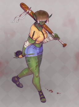 5_fingers 5_toes arm_wraps bat_(object) blood blood_on_clothing blood_on_face blood_on_weapon bodily_fluids bottomwear checkered checkered_background choker clothed clothing crop_top denim denim_bottomwear denim_clothing denim_shorts explosives fangs feet female fingerless_gloves fingers footwear fully_clothed gloves green_body green_skin grenade hair hair_over_eyes handwear holding_object holding_weapon jewelry melee_weapon midriff multicolored_hair navel necklace not_furry pattern_background sandals scar shirt shoes short_hair shorts simple_background smile solo spikes standing teeth toes topwear torn_bottomwear torn_clothing two_tone_hair walking weapon weapon_on_shoulder wraps derek_hetrick humanoid mammal orc 2020 hi_res