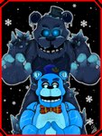 anthro black_background black_bars black_eyebrows black_nose blue_ears blue_eyes blue_nose bow_tie clothing duo eyebrows frozen glowing glowing_eyes half-closed_eyes hat headgear headwear ice icicle looking_at_viewer machine male narrowed_eyes open_mouth round_ears simple_background size_difference smile snow snowflake spikes standing teeth top_hat grizzlyboi75 five_nights_at_freddy's five_nights_at_freddy's_ar scottgames black_ice_frostbear freddy_frostbear_(fnaf_ar) animatronic bear mammal robot 2020 3:4 signature