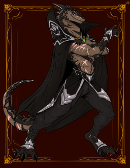 anthro bracelet cape clothing jewelry long_neck looking_at_viewer male necklace pose red_eyes scar smile smirk solo azurian lizard reptile scalie absurd_res hi_res