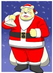 anthro black_nose blush bottomwear christmas_clothing christmas_headwear clothing hat headgear headwear holidays kemono male overweight overweight_male pants santa_hat solo bullbluedog christmas bear mammal 2021 hi_res