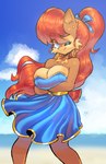 anthro arm_under_breasts bare_shoulders beach big_breasts breasts cleavage clothed clothing ear_piercing ear_ring female hair looking_at_viewer one_eye_closed piercing ponytail ring_piercing solo summer_dress wink jamoart archie_comics sega sonic_the_hedgehog_(archie) sonic_the_hedgehog_(comics) sonic_the_hedgehog_(series) sally_acorn chipmunk ground_squirrel mammal rodent sciurid absurd_res hi_res