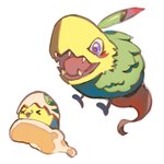 baby beak blue_eyes duo egg evolutionary_family feathers feral green_body green_feathers simple_background smile white_background yolk young 765nanami bandai_namco digimon digimon_(species) fluffymon yolkmon 1:1 hi_res