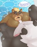 anthro black_body black_fur brown_body brown_fur butt duo fur genitals humanoid_hands male male/male moobs navel nipples overweight overweight_male penis sitting text tongue tongue_out water white_body white_fur matchaijuice lifewonders tokyo_afterschool_summoners ashigara_(tas) bear giant_panda mammal 2021 absurd_res english_text hi_res