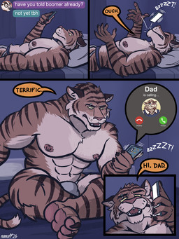 abs anthro barbell_piercing bed biped clothed clothing dialogue electronics eyebrow_piercing facial_piercing feet fur furniture jockstrap jockstrap_only lying male muscular muscular_anthro muscular_male nipples on_bed orange_body orange_fur ouch partially_clothed_anthro partially_clothed_male pawpads pecs phone phone_call piercing pink_pawpads solo speech_bubble striped_body striped_fur stripes tail text texting texting_ui topless underwear underwear_only yellow_eyes nanoff miles_(nanoff) teo_(nanoff) xavier_(nanoff) badger european_badger felid mammal meles mustelid musteline pantherine tiger 2026 3:4 comic english_text hi_res multiple_scenes
