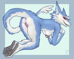 all_fours anthro anus arm_support barely_visible_anus bedroom_eyes blue_body blue_fur breasts butt facial_tuft female female_anthro fluffy fur genitals grey_pawpads half-closed_eyes hands_together leg_tuft long_tail looking_at_viewer multicolored_body narrowed_eyes nipple_piercing nipple_ring nipples open_mouth pawpads piercing presenting presenting_hindquarters presenting_pussy pussy red_eyes ring_piercing seductive simple_background solo tail thigh_tuft tuft two_tone_body white_body white_fur yellow_sclera syn-6 markus_(dowantanaccount) markusha sergal digital_media_(artwork) hi_res shaded simple_shading