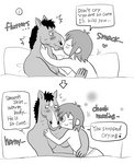 anthro bed bojack_horseman bojack_horseman_(character) clancy_gilroy clothed clothing crossover dialogue duo embrace english_text equid equine furniture hagisawa_yui heart_symbol horse hug human kissing male male/male mammal monochrome netflix nuzzling one_eye_closed text the_midnight_gospel topless wink young