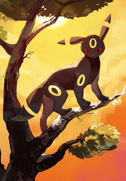 ambiguous_gender black_body feral in_tree looking_at_viewer markings narrowed_eyes paws plant red_eyes ring_(marking) solo sun tail tree chufflepop nintendo pokemon eeveelution generation_2_pokemon pokemon_(species) umbreon 2025 hi_res