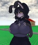 alternative_fashion anthro big_breasts black_hair blush bottomwear breast_grab breasts building clothed clothing cross cross_necklace duo female fur goth grass hair hand_on_breast house jewelry looking_at_viewer necklace outside plant solo tail topwear yellow_eyes theratman roblox syn_(shybun) lagomorph leporid mammal rabbit hi_res