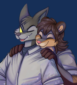 5_fingers anthro big_ears biped black_body black_eyebrows black_fur black_nose blep blue_clothing blue_shirt blue_topwear brown_body brown_fur brown_hair brown_inner_ear cheek_tuft clothing coat duo eyebrows eyes_closed facial_tuft fingers fur grey_body grey_fur grey_inner_ear hair head_tuft hug hugging_another hugging_from_behind humanoid_hands lab_coat long_hair love male male/male messy_hair multicolored_body multicolored_fur one_eye_closed pink_nose pink_tongue pointy_ears prick_ears pupils romantic romantic_couple round_ears shirt shoulder_grab simple_background slit_pupils smile snout standing tongue tongue_out topwear transparent_background tuft two_tone_body two_tone_fur white_clothing white_coat white_topwear wink yellow_eyes yellow_sclera hachimakiyaki janusz pla_(alottaplaplapla) canid canine canis hybrid mammal northern_olingo olingo procyonid wolf wolfdog 2026 alpha_channel digital_drawing_(artwork) digital_media_(artwork) hi_res shaded